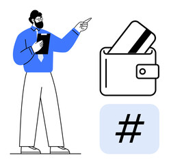 Businessman holding clipboard and pointing towards a wallet with credit card and metadata tag. Ideal for finance apps, digital payments, e-commerce, online banking, fintech industry, business