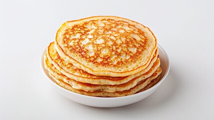 Stack of golden pancakes served in a white bowl, flat lay breakfast photography, homemade comfort food concept, traditional breakfast idea, minimalistic food design with copy space for text.

