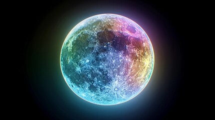 Vibrant full moon surrounded by a luminous colorful neon haze in a dark sky