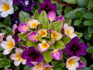 Vibrant purple flower petals and delicate leaves in a serene garden setting, nature, petals, summer