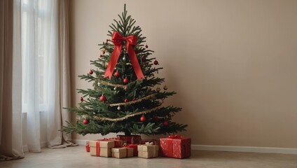 Christmas tree with red bow on beige background