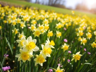 Fototapeta premium Vibrant yellow daffodil flowers blooming in a field under the sunlight, outdoors, meadow, nature