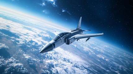 Obraz premium A high-speed reconnaissance plane soaring above the Earth's atmosphere, blending sleek technology and the vastness of space exploration. 