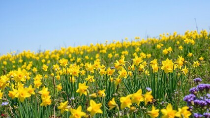 Obraz premium Vibrant yellow daffodil flowers blooming in a vast field under clear blue skies, natural, vibrant