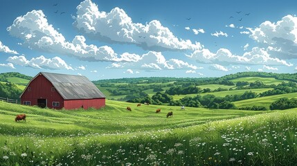 Obraz premium A serene landscape featuring a red barn, green hills, and grazing cows under a blue sky.