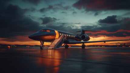 A sleek private jet glows under a vibrant sunset on the tarmac, with its stairs illuminated. Captures luxury travel and exclusivity.