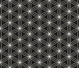 Minimal vector geometric seamless pattern with floral grid, thin lines, hexagons, triangles, circles, lattice. Abstract black and white linear background in oriental style. Repeated dark geo texture