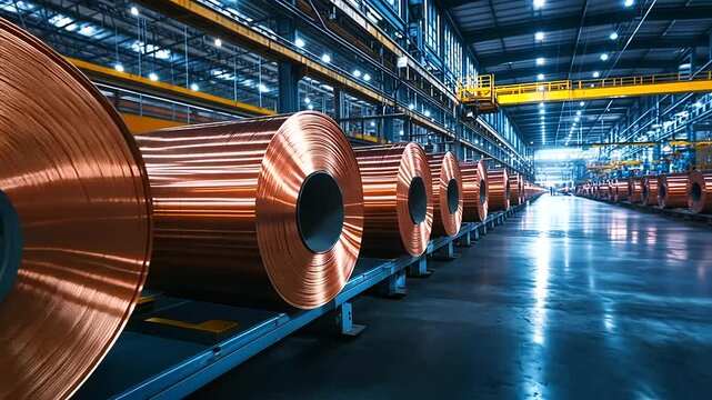 Rolls of gleaming copper wire neatly stacked in a high-tech production facility, their polished surfaces reflecting the bright overhead lights.
