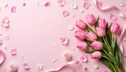 Bouquet of pink tulips on a pastel background