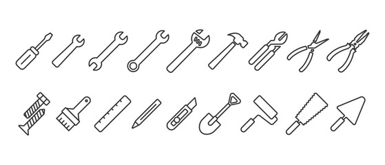 Tool kit icons. Tool line icon set. Working tools. Working tools set. Repair and construction tools collection in line style vector illustration in transparent background. Editable stroke. Eps10