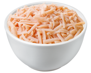 pote com filé de peito de frango desfiado isolado em fundo transparente