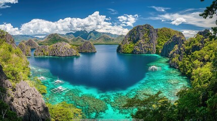 Fototapeta premium Tropical Lagoon Surrounded By Lush Green Mountains And Boats
