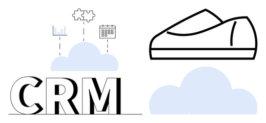CRM letters with cloud computing icons graph, puzzle, and calendar. Shoe figure on separate cloud. Ideal for business strategy, technology, automation, cloud services, CRM solutions, marketing tools