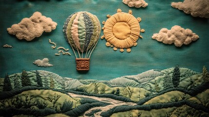 Naklejka premium Textile art depicting a hot air balloon, sun, and landscape.