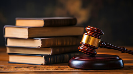 Obraz premium A wooden gavel and books arranged on a wooden table, symbolizing law.