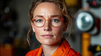Close-up portrait of a serious woman in orange workwear.