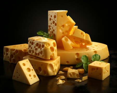 A close up of a variety of cheese pieces, including a wedge of cheddar