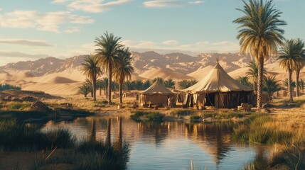 Obraz premium Desert Oasis Campsite with Palm Trees and Tents