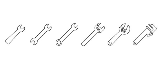 Wrench icon collection. Carpentry and workshop equipment icons. Work tools. A set of work tools. Collection of repair and construction tools in line style vector illustration on transparent background