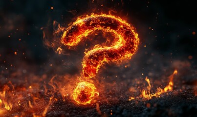 Fiery question mark burns in dark embers.