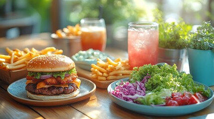 A casual dining table set with assorted takeout food items including burgers fries salads and drinks styled for a relaxed meal