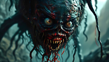 Creepy monster from the dark. Scary illustration. Halloween theme.