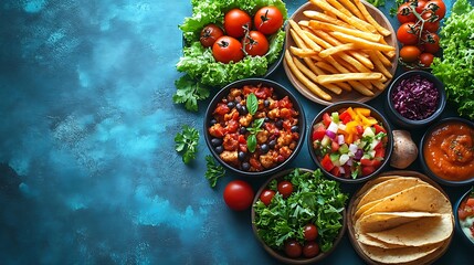 Overhead view of colorful fast food items including golden fries fresh salads crispy tacos and pizza styled naturally on a rustic surface