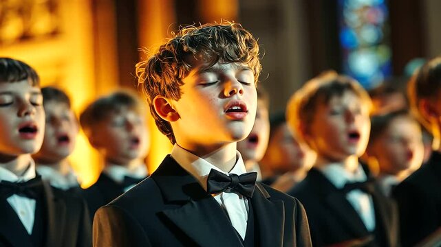 European boys and girls sing in unison, their faces lit with emotion, as the conductor guides them in a powerful hymn in the heart of a historic cathedral.