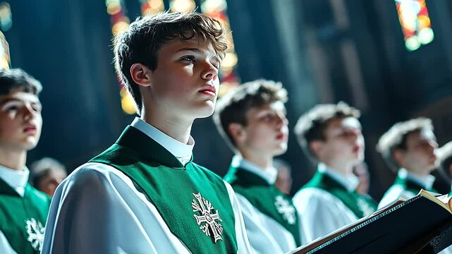 European boys and girls sing in unison, their faces lit with emotion, as the conductor guides them in a powerful hymn in the heart of a historic cathedral.