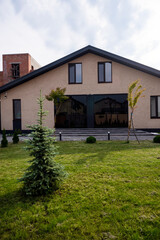 Courtyard of a private house. one-story house, lawn, playground.