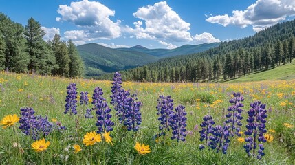 Fototapeta premium Mountain Wildflower Meadow With Lupines And Yellow Flowers