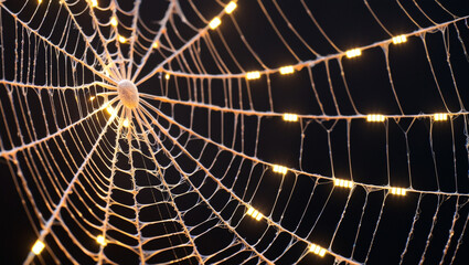 Obraz premium Glowing Golden Spider Web on Dark Background