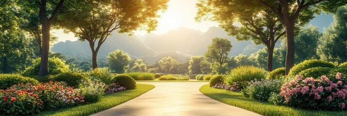 A serene park pathway surrounded by lush greenery and colorful flowers, inviting relaxation.