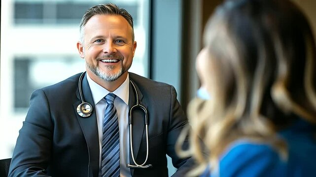 The healthcare executive smiles encouragingly as they discuss continuing education plans with a nurse, promoting personal and professional growth.