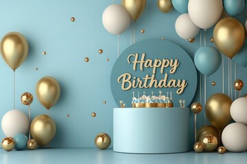 Elegant birthday celebration with blue and golden decorations featuring a podium and balloons