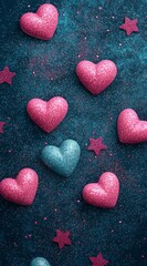 Obraz premium A playful arrangement of sparkling hearts in pink and blue, surrounded by pink stars and glitter, creating a festive and romantic atmosphere perfect for celebrations or crafts.