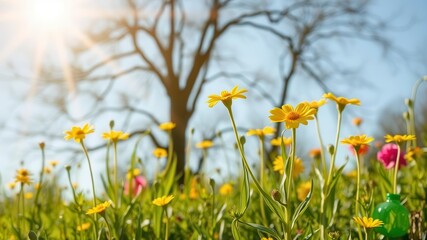 Field of yellow daffodil flowers blooming under the bright sun, seasonal, botanical