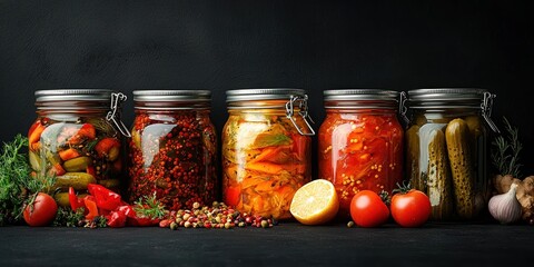 Colorful assortment of pickled vegetables in jars on a dark background