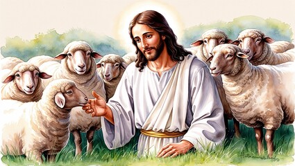 A Serene Watercolor Illustration of Jesus, Radiating Peace and Compassion, Surrounded by Soft, Gentle Hues and a Tranquil, Spiritual Atmosphere of Divine Grace and Serenity