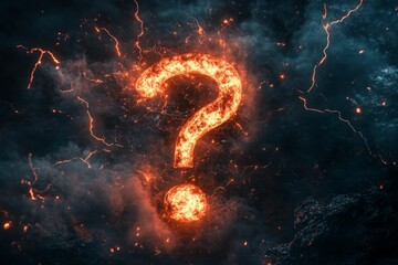 Fiery question mark, dark, smoky, electric background.