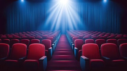Empty movie theater with spotlight casting a solitary beam on the stage, symbolizing the power of imagination and the potential for new beginnings in a quiet, reflective space.
