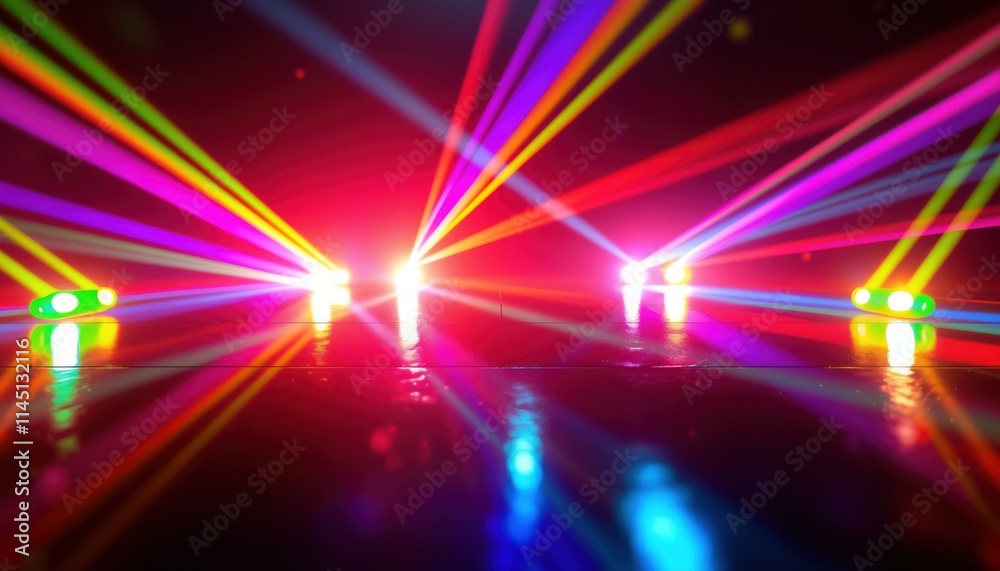 Poster vibrant disco lights cast colorful beams. shiny surface reflects many colors. lively festive setting