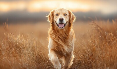 Golden retriever joyfully running in sunlit field during golden hour