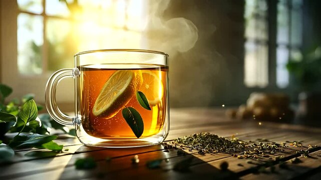 A steaming glass mug of ginger tea with lemon, surrounded by a scattering of dried herbs and spices, placed near an open window with soft, diffused light creating a peaceful ambian