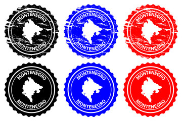 Fototapeta premium Montenegro - rubber stamp - vector, Montenegro map pattern - sticker - black, blue and red