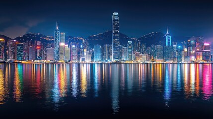 Fototapeta premium Vibrant Hong Kong Skyline Night Lights Reflection