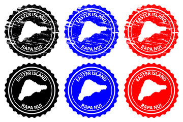 Rapa Nui - rubber stamp - vector, Easter Island map pattern - sticker - black, blue and red