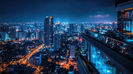 Obraz premium Night Cityscape Viewed From Rooftop Terrace