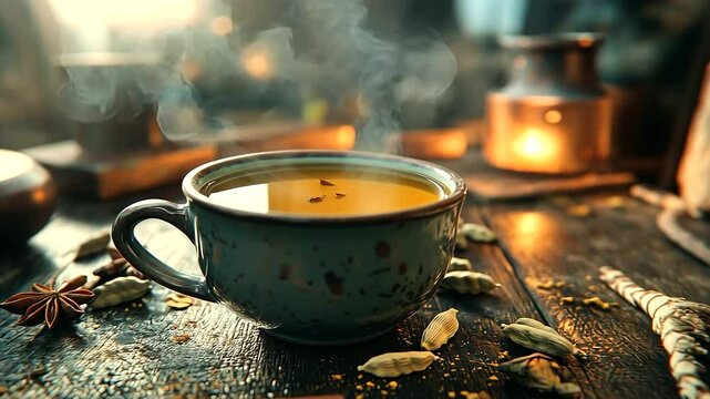 A ceramic teacup of ginger tea with lemon on a table, surrounded by an artistic arrangement of spices, including star anise, cardamom pods, and turmeric root, under soft, natural l