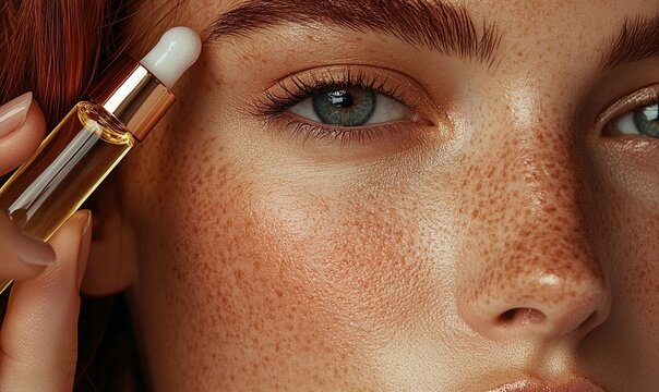 Close-up of woman with freckles applying facial serum for enhanced skincare routine